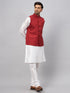 Vastramay Men's Maroon Matka Silk Nehru Jacket With White Silk Blend Kurta Pyjama Set